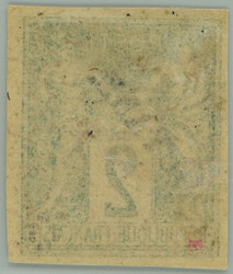 1892 Yv.11, overprint Allegory 2C green, oblique overprint GUYANE.; ...