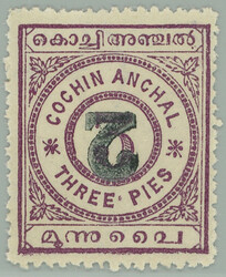 1909 SG.22a, numeral issue COCHIN ANCHAL 3 Pies with INVERTED ...