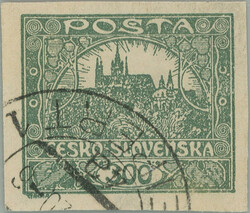 1920 VEJPRTSKE FORGERY / Pof.F23, value 300h green-gray with part of ...