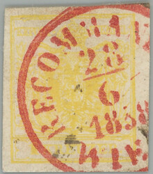 1850 ANK.1MIII, Coat of arms 1 Kr chromgelb with RED cancel. WIEN ...