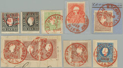 1858 RED POSTMARKS / nice selection of 6 cut-squares and two single ...
