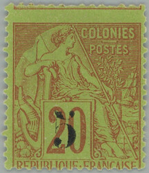 1887 Yv.1, overprint Allegory 5c/20C bricky red; without gum, short ...
