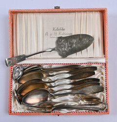 Silver cutlery lot including spoons, forks, cake server, cheese tongs ...