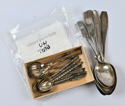 Silver cutlery lot including spoons, forks, cake server, cheese tongs ...