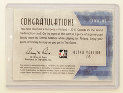 Teemu Selänne 2011 ITG All world jersey Black /6 Finland Lion 1/1 ...