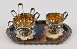 Sugar bowl, cream jug, tray, and three sugar tongs, all silver