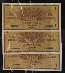 1963 1 markka three interesting banknotes with numbers: A00000222, ...