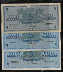 1963 5 markka three interesting banknotes: A0000041, Litt. A O0000008 ...