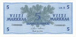 1963 5 markka Litt. B letter I without star, number I0000083, kl 0-