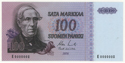 1976 100 markka with number E0000008, kl 0/01