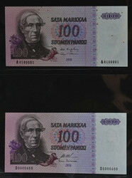 1976 100 markka two banknotes with numbers: A0100001 (some spots) and ...