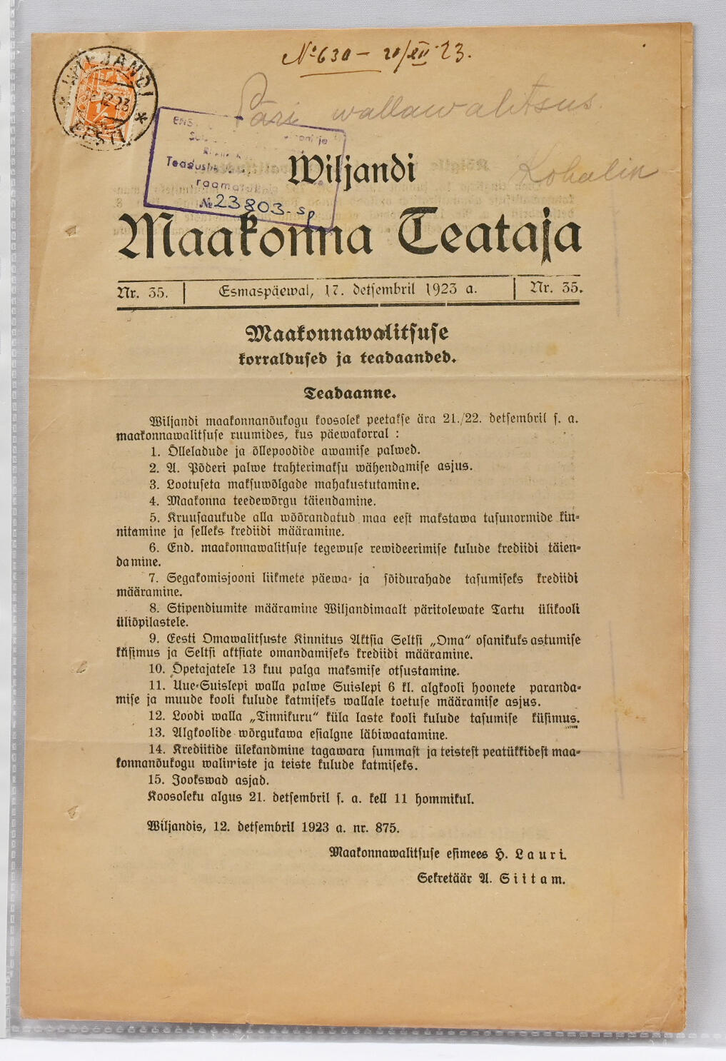 1923 Newspaper sent 18.XII.23 from Viljandi, franked with single ½ ...