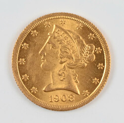 USA 1908 5 Dollar, Coronet Head, gold