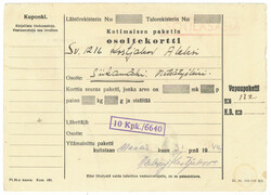 Parcel to prisoner of war sv. 1216 in Siikamäki, to forestry work ...