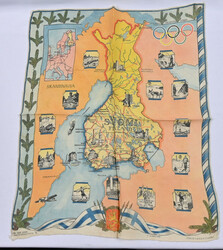 1940 Helsinki cloth with map of Finland etc. Turun Verkatehdas. Size ...