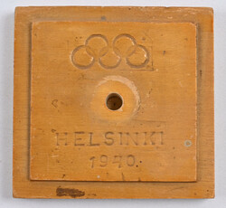 Wooden flag pole with engraved Olympic rings and "Helsinki 1940". ...