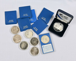 Silver commemorative coins 14 pieces: 10 markka two pieces, 25 markka ...