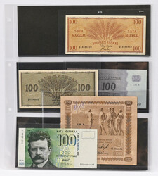 Selection of 100 markka banknotes, five different