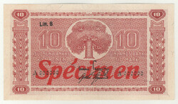 1945 10 markka Litt. B Spécimen banknote! Kl 0