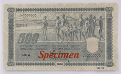 1945 500 markka Litt. A Spécimen banknote! Kl 1+
