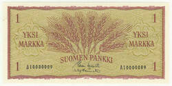 1963 1 markka two fine banknotes with numbers AI0000009 and N333444, ...