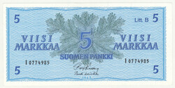 1963 5 markka Litt. B letter I without star, number 0774985, kl 01-