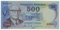 1975 500 markkaa, thin metallic thread, serial number A0000522, kl 0-