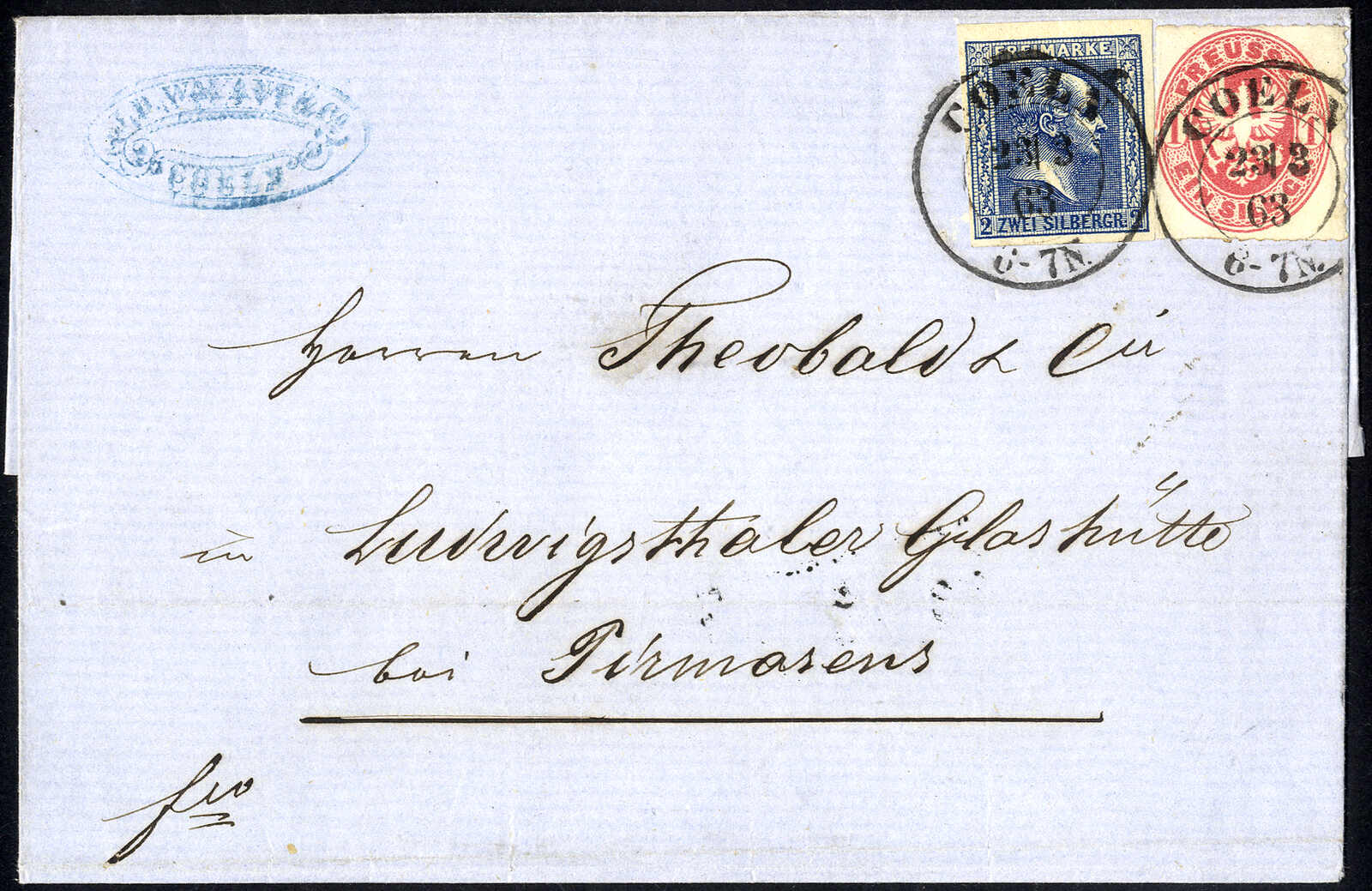 2 Sgr. schwarzblau in Mischfrankatur mit 1 Sgr. karmin auf ...