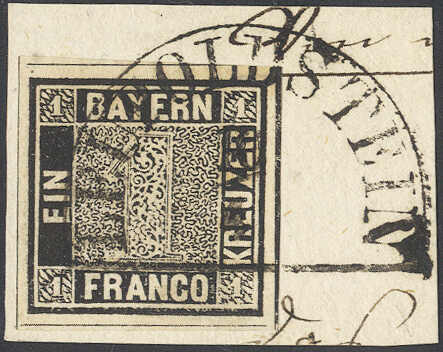 1 Kreuzer tiefschwarz, Platte 1, allerfeinstes Luxus-Briefstück in ...