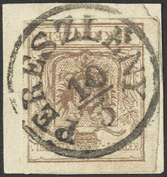 "PERESZLENY", zentr. K1 klar und komplett auf Briefstück 6 Kr. braun.