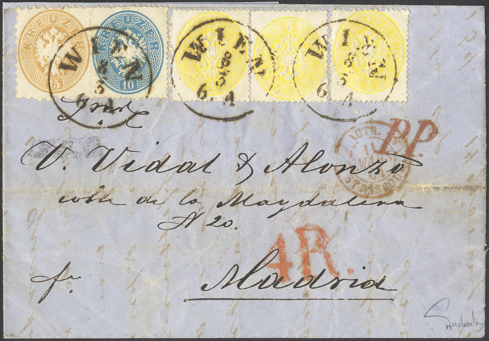 2 Kr. gelb, 3 Werte, und 10 Kr. blau, je 1863, zusammen mit 15 Kr. ...