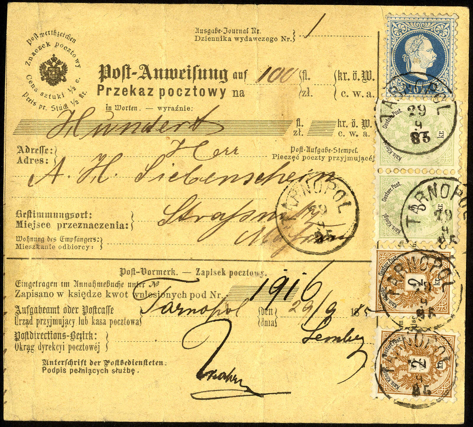 Inlands-Postanweisung (dt.-poln.) über 100 Gulden 1885 von ...