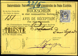 10 Kr. blau auf internat. Rückschein (deutsch-franz.) von "TRIEST" ...
