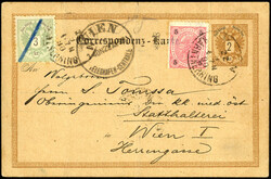 Corresp.-Karte 2 Kr. braun mit Zusatzfrankatur 5 Kr. rot 1890 sowie 3 ...
