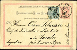 Correp.-Karte 5 Kr. rot mit Zusatzfrankatur 3 Kr. grün 1890, als ...