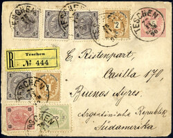 Briefcouvert 5 Kr. rot mit 1883er-Zusatzfrankatur 2 Kr. braun, 2 ...