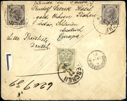 Briefcouvert 5 Kr. rot mit 1883er-Zusatzfrankatur 2 Kr. braun, 2 ...
