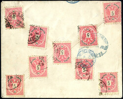 Briefumschlag 5 Kr. rot mit Zusatzfrankatur vorderseitig 2 Kr. braun, ...