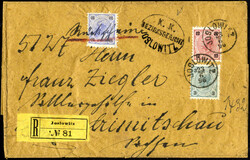 3 Kr. grünblau, 10 Kr. blau und 12 Kr. lilakarmin auf dekorativem ...