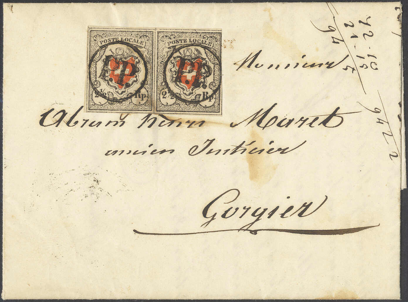 2 1/2 Rp. POSTE LOCALE rot und schwarz, Luxuspaar in Type 33 + 34, ...