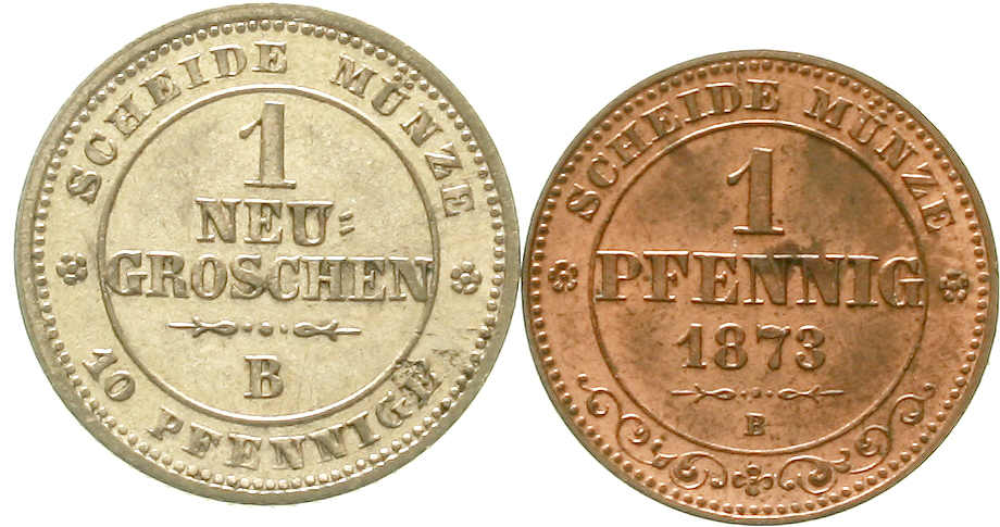 2 Stück: 1 Pfennig 1873 B Und 1 Neugroschen 1863 B | Barnebys