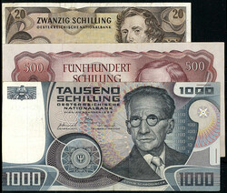 3 Scheine zu 20, 500 u. 1000 Schilling 1965 - 1983. III