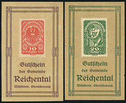 Notgeld Reichental, Briefmarkengeld zu 10 u. 20 Heller o.D. II, kl. ...