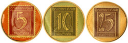 Briefmarkenkapselgeld, Ziffernmarken zu 5, 10 u. 25 Pf. o.J. DER ...