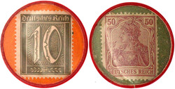 Briefmarkenkapselgeld, Germaniamarke zu 50 u. Ziffernmarke zu 10 Pf. ...