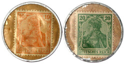 2 Stück: Briefmarkenkapselgeld, Germaniamarken zu 10 u. 20 Pf. o.J. ...