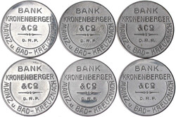 6 Stück: Briefmarkenkapselgeld o.J. BANK KRONENBERGER & CO D.R.P. ...