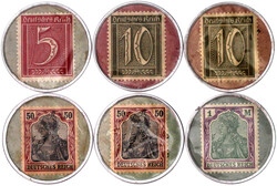 6 Stück: Briefmarkenkapselgeld o.J. BANK KRONENBERGER & CO D.R.P. ...