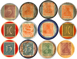 12 X Briefmarkenkapselgeld o.J. DAB Dortmund, 2 X RHEINSTAHL ...