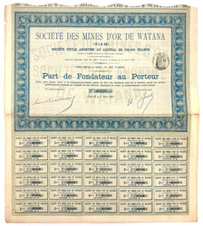 Gründer-Aktie vom 3. August 1894. Goldminen von Watana. Mit Coupons. ...
